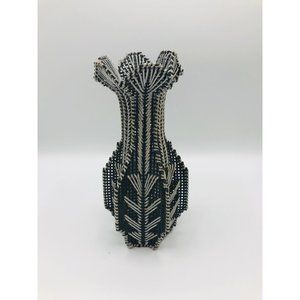 Vintage Funky Handmade Vase Sculptural needlepoint black silver 1970’s